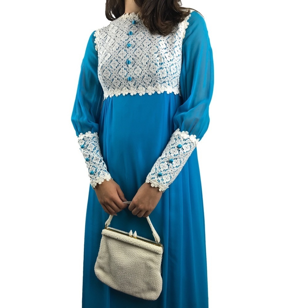 1960’s custom tailored sky blue goddess dress